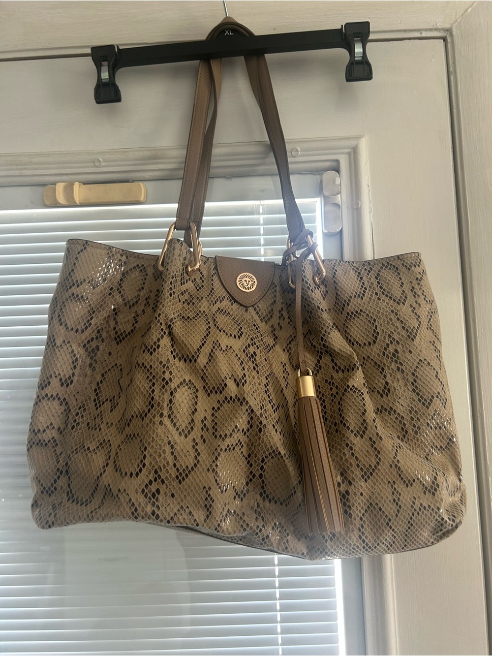 Anne Klein Taupe Snake-Print Shoulder Tote with Tassel Accent